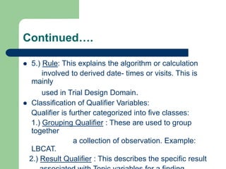 Continued….
 5.) Rule: This explains the algorithm or calculation
involved to derived date- times or visits. This is
mainly
used in Trial Design Domain.
 Classification of Qualifier Variables:
Qualifier is further categorized into five classes:
1.) Grouping Qualifier : These are used to group
together
a collection of observation. Example:
LBCAT.
2.) Result Qualifier : This describes the specific result
 