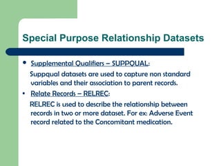 Special Purpose Relationship Datasets
 Supplemental Qualifiers – SUPPQUAL:
Suppqual datasets are used to capture non standard
variables and their association to parent records.
• Relate Records – RELREC:
RELREC is used to describe the relationship between
records in two or more dataset. For ex: Adverse Event
record related to the Concomitant medication.
 