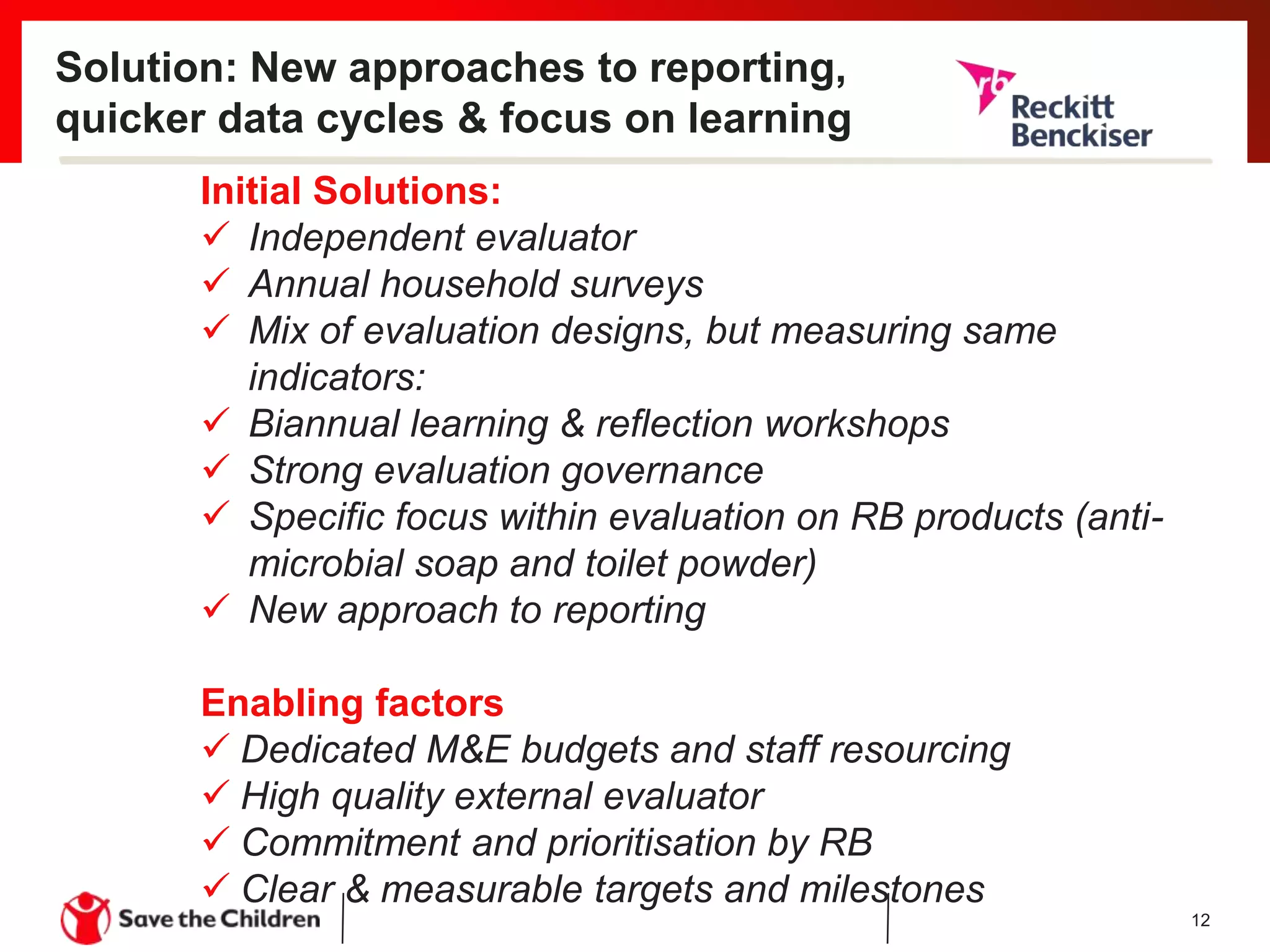 Solution: New approaches to reporting,
quicker data cycles & focus on learning
12
Initial Solutions:
 Independent evaluator
 Annual household surveys
 Mix of evaluation designs, but measuring same
indicators:
 Biannual learning & reflection workshops
 Strong evaluation governance
 Specific focus within evaluation on RB products (anti-
microbial soap and toilet powder)
 New approach to reporting
Enabling factors
 Dedicated M&E budgets and staff resourcing
 High quality external evaluator
 Commitment and prioritisation by RB
 Clear & measurable targets and milestones
 