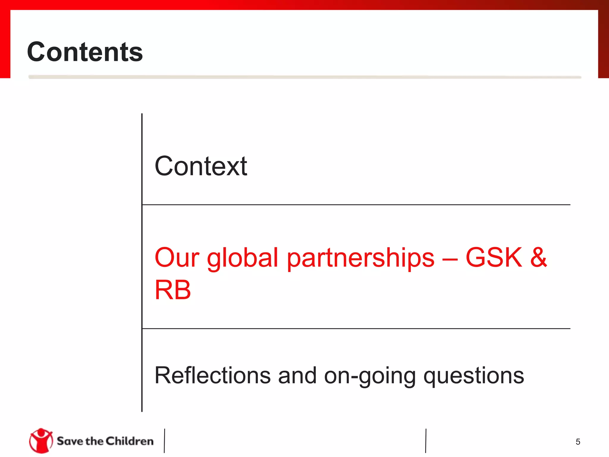 Contents
5
Context
Our global partnerships – GSK &
RB
Reflections and on-going questions
 