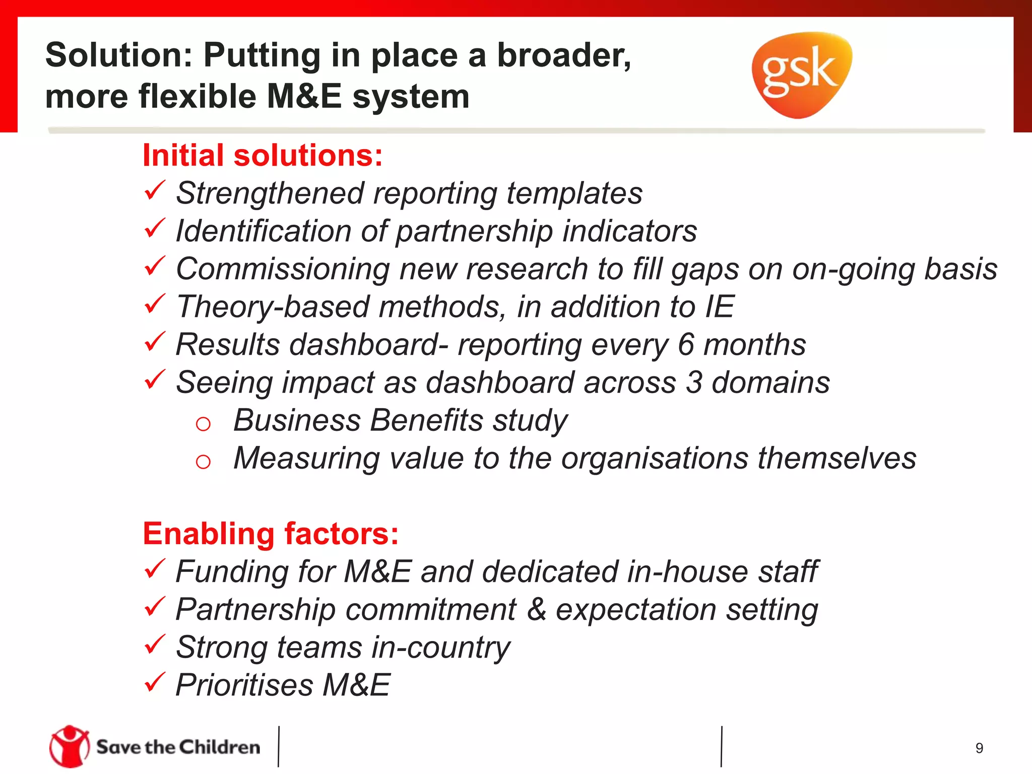 Solution: Putting in place a broader,
more flexible M&E system
9
Initial solutions:
 Strengthened reporting templates
 Identification of partnership indicators
 Commissioning new research to fill gaps on on-going basis
 Theory-based methods, in addition to IE
 Results dashboard- reporting every 6 months
 Seeing impact as dashboard across 3 domains
o Business Benefits study
o Measuring value to the organisations themselves
Enabling factors:
 Funding for M&E and dedicated in-house staff
 Partnership commitment & expectation setting
 Strong teams in-country
 Prioritises M&E
 