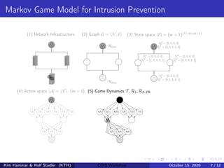 Markov Game Model for Intrusion Prevention
(1) Network Infrastructure (2) Graph G = hN, Ei
Ndata
Nstart
(3) State space |S| = (w + 1)|N|·m·(m+1)
SA
3 = [0, 0, 0, 0]
SD
3 = [9, 1, 5, 8, 1]
SA
0 = [0, 0, 0, 0]
SD
0 = [0, 0, 0, 0, 0]
SA
1 = [0, 0, 0, 0]
SD
1 = [1, 9, 9, 8, 1]
SA
2 = [0, 0, 0, 0]
SD
2 = [9, 9, 9, 8, 1]
(4) Action space |A| = |N| · (m + 1)
?/0 ?/0 ?/0 ?/0
?/0
?/0
?/0 ?/0 ?/0
(5) Game Dynamics T , R1, R2, ρ0
4/0 0/1 8/0 ?/0
?/0
?/0
0/0 9/0 8/0
Kim Hammar & Rolf Stadler (KTH) CDIS Workshop October 15, 2020 7 / 12
 