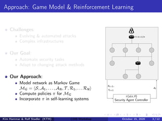 Approach: Game Model & Reinforcement Learning
Challenges:
Evolving & automated attacks
Complex infrastructures
Our Goal:
Automate security tasks
Adapt to changing attack methods
Our Approach:
Model network as Markov Game
MG = hS, A1, . . . , AN , T , R1, . . . RN i
Compute policies π for MG
Incorporate π in self-learning systems Security Agent Controller
st+1,
rt+1
at
π(a|s; θ)
172.18.1.0/24
Kim Hammar & Rolf Stadler (KTH) CDIS Workshop October 15, 2020 3 / 12
 