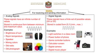 SIGNAL
For receiving and sending information
• Analog Signals
These signals have an infinite number of
values.
Stored in continuous form between minimum
and maximum value.
Examples
• Brightness of sun
• Room temperature
• Speaker
• Mixing colors
• Old radio
• Old photograph
• Digital Signals
These signals have a finite set of possible values.
(0V or 5V)
Stored in coded form (0,1) (min., max. )
Examples
• Light switches in a class room
• Power button of phone
• Game controller buttons
• Calculator screen
• Digital camera
• Digital music player
 