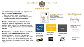 INTRODUCTION
We use electricity in our daily lives to power our
electric devices. For example –
• Cars get electric power from batteries.
• Computers, televisions, air conditioners, cell
phone chargers & electric wall sockets.
Electric current is the flow of electric charge
carried by electrons. Electrons are very small
particles within atoms. They carry electric energy
and flow through defined paths known as electric
circuits.
Electronics is described as the science of dealing
with electricity. For example - An electronic
appliance has more functions than a simple
electrical device. An electronic kettle could maybe
send an SMS to your phone, telling you that your
water is ready. A simple electric kettle ONLY boils
water.
 