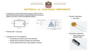 SECTION 5a – 5c : ELECTRICAL COMPONENTS
• A capacitor is a device that stores energy in the form of an
electrical field that produces a potential difference across its
plates (much like a small rechargeable battery)
• Positive pole = Long Leg
• Capacitance can be changed by:
• Increasing the surface area of the electrode
• Shortening the distance between the electrodes
• Using materials that have a high dielectric constant
• Ceramic Capacitors
• Non Polar
• Electrolytic Capacitors
• Have positive and
negative poles
 