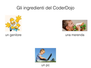 Gli ingredienti del CoderDojo
un pc
un genitore una merenda
 