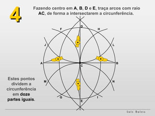 Fazendo centro em  A ,  B ,  D  e  E , traça arcos com raio  AC , de forma a intersectarem a circunferência.  4 A B F J H L N I M G D E Estes pontos dividem a circunferência em  doze partes iguais . C 