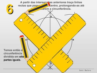 A B F I G H 6 A partir das intersecções anteriores traça linhas rectas que passem pelo centro, prolongando-as até intersectarem a circunferência. C D E Temos então a circunferência dividida em  oito partes iguais . 