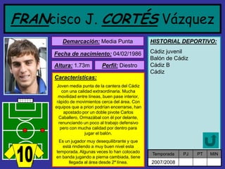 FRANcisco J. CORTÉSVázquezDemarcación:Media Punta 
Fecha de nacimiento:04/02/1986 Altura:1.73m Características: Joven media punta de la cantera del Cádiz con una calidad extraordinaria. Mucha movilidad entre líneas, buen pase interior, rápido de movimientos cerca del área. Con equipos que a priori podrían encerrarse, han apostado por un doble pivote Carlos Caballero, Ormazábal con él por delante, renunciando un poco al trabajo defensivo pero con mucha calidad por dentro para jugar el balón. Es un jugador muy desequilibrante y que está rindiendo a muy buen nivel esta temporada. Algunas veces lo han colocado en banda jugando a pierna cambiada, tiene llegada al área desde 2ª línea. Perfil:Diestro 
HISTORIAL DEPORTIVO: 
Cádiz juvenilBalón de CádizCádiz BCádiz 
Temporada 
PJ 
PT 
MIN 
2007/2008  