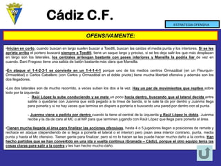 Cádiz C.F. 
ESTRATEGIA OFENSIVA 
OFENSIVAMENTE: 
•Inicianencorto,cuandobuscanenlargosuelenbuscaraToedtli,buscanlascaídaselmediapuntaylosinteriores.SiselesaprietaarribaelporterobuscarásiempreaToedtli,tieneunsaquelargoypreciso,siselesdejasalirlosquemásdesplazanenlargosonloslaterales,loscentralesarriesganbastanteconpasesinterioresyMansillalapodríaliardevezencuando.DaniFragosotieneunasalidadebalónbastantemásclaraqueMansilla. 
•Enataqueel1-4-2-3-1seconvierteenun1-4-1-4-1porqueunodelosmedioscentrosOrmazábal(enunFleurquin- Ormazábal)oCarlosCaballero(conCarlosyOrmazábaleneldoblepivote)tienemuchalibertadofensivayademássonlosdosllegadores. 
•Losdoslateralessondemuchorecorrido,avecessubenlosdosalavez.Hayunpardemovimientosquerepitensobretodoporlaizquierda: -RaúlLópezlasubeconduciendoysemeteunpocohaciadentro,buscandoqueellateraldecidaentresalirleoquedarseconJuanmaqueestápegadoalalíneadebanda,silesaleladapordentroyJuanmallegaparaponerlaysinohayvecesqueterminaendisparoaporteríaobuscandounaparedpordentroconelpunta. -JuanmavieneapedirlapordentrocuandolatieneelcentraldelaizquierdayRaúlLópezlodobla,JuanmarecibeyladadecaraalMCoalMPparaqueterminenjugandoconRaúlLópezquellegaparaponerlaalárea. 
•Tienenmuchallegadaaláreaparafinalizarlasaccionesofensivas,hasta4o5jugadoreslleganaposicionesderemateyrechaceenataque(dependiendodesillegaaponerlaellateraloelinterior)peropisanáreainteriorcontrario,punta,mediapuntayhastaelMcofensivo.Tienengenteparafinalizar,perosinolohacenselespuedehacermuchodañoalacontra.Hanhechopartidosquesehanconvertidoenunaidayvueltacontinua(Granada–Cádiz),porqueelotroequipoteníalascosasclarasparasaliralacontrayleshanhechomuchodaño.  
