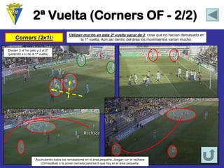 2ª Vuelta (CornersOF -2/2) 
Corners(2x1): 
Utilizan mucho en esta 2ª vuelta sacar de 2, cosa que no hacían demasiado en la 1ª vuelta. Aún así dentro del área los movimientos varían mucho. Acumulando todos los rematadores en el área pequeña. Juegan con el rechace (Ormazábal) o la ponen cerrada para los 5 que hay en el área pequeña. 
Dividen 3 al 1er palo y 2 al 2º (parecido a lo de la 1ª vuelta)  