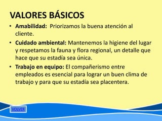 VALORES BÁSICOS
• Amabilidad: Priorizamos la buena atención al
  cliente.
• Cuidado ambiental: Mantenemos la higiene del lugar
  y respetamos la fauna y flora regional, un detalle que
  hace que su estadía sea única.
• Trabajo en equipo: El compañerismo entre
  empleados es esencial para lograr un buen clima de
  trabajo y para que su estadía sea placentera.



 VOLVER
 