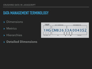 CRUSHING DATA IN JAVASCRIPT
DATA MANAGEMENT TERMINOLOGY
▸ Dimensions
▸ Metrics
▸ Hierarchies
▸ Detailed Dimensions
 