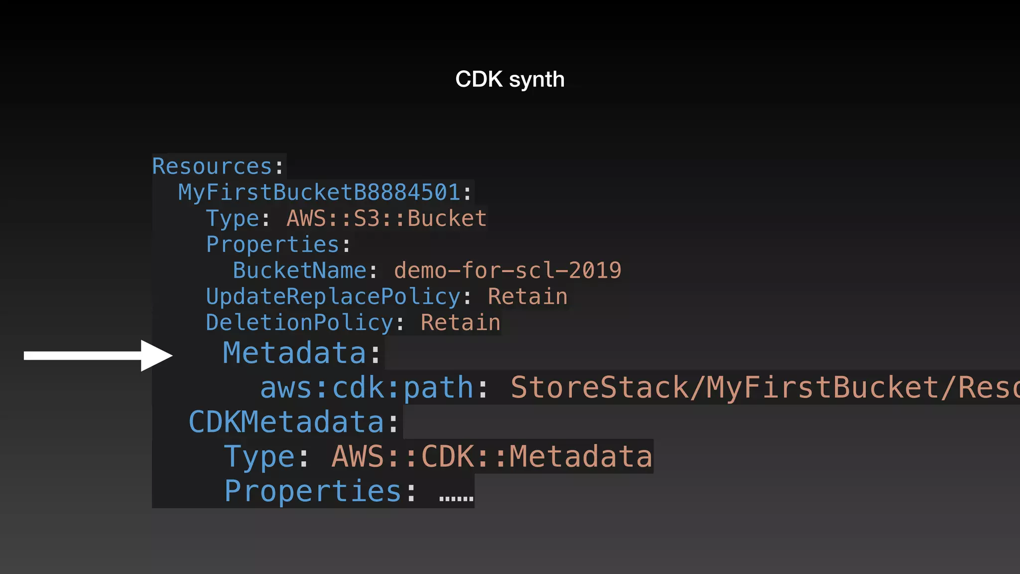 CDK synth
Resources:
  MyFirstBucketB8884501:
    Type: AWS::S3::Bucket
    Properties:
      BucketName: demo-for-scl-2019
    UpdateReplacePolicy: Retain
    DeletionPolicy: Retain
    Metadata:
      aws:cdk:path: StoreStack/MyFirstBucket/Reso
  CDKMetadata:
    Type: AWS::CDK::Metadata
    Properties: ……
 