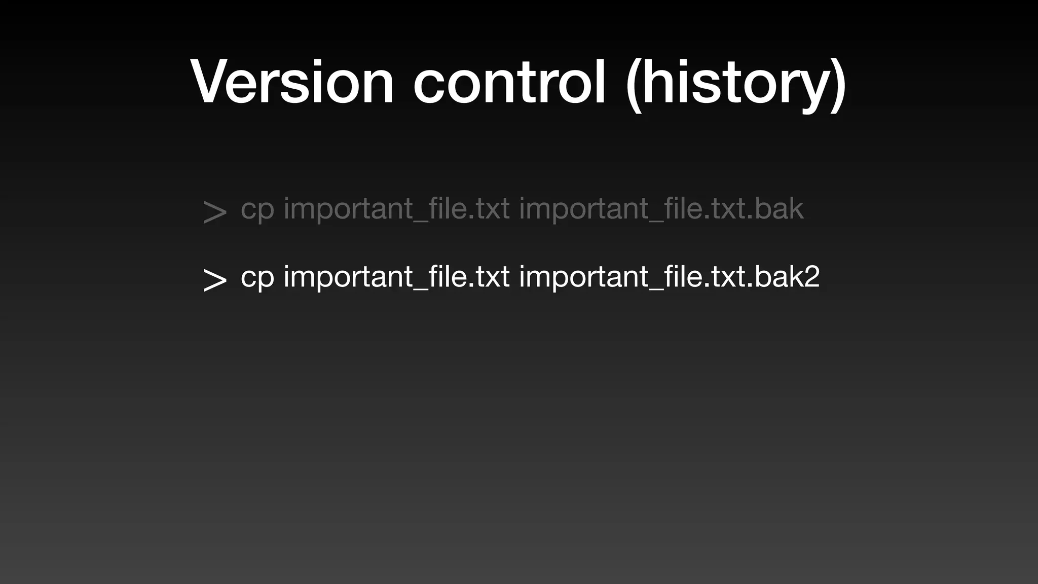 Version control (history)
> cp important_ﬁle.txt important_ﬁle.txt.bak
> cp important_ﬁle.txt important_ﬁle.txt.bak2
 