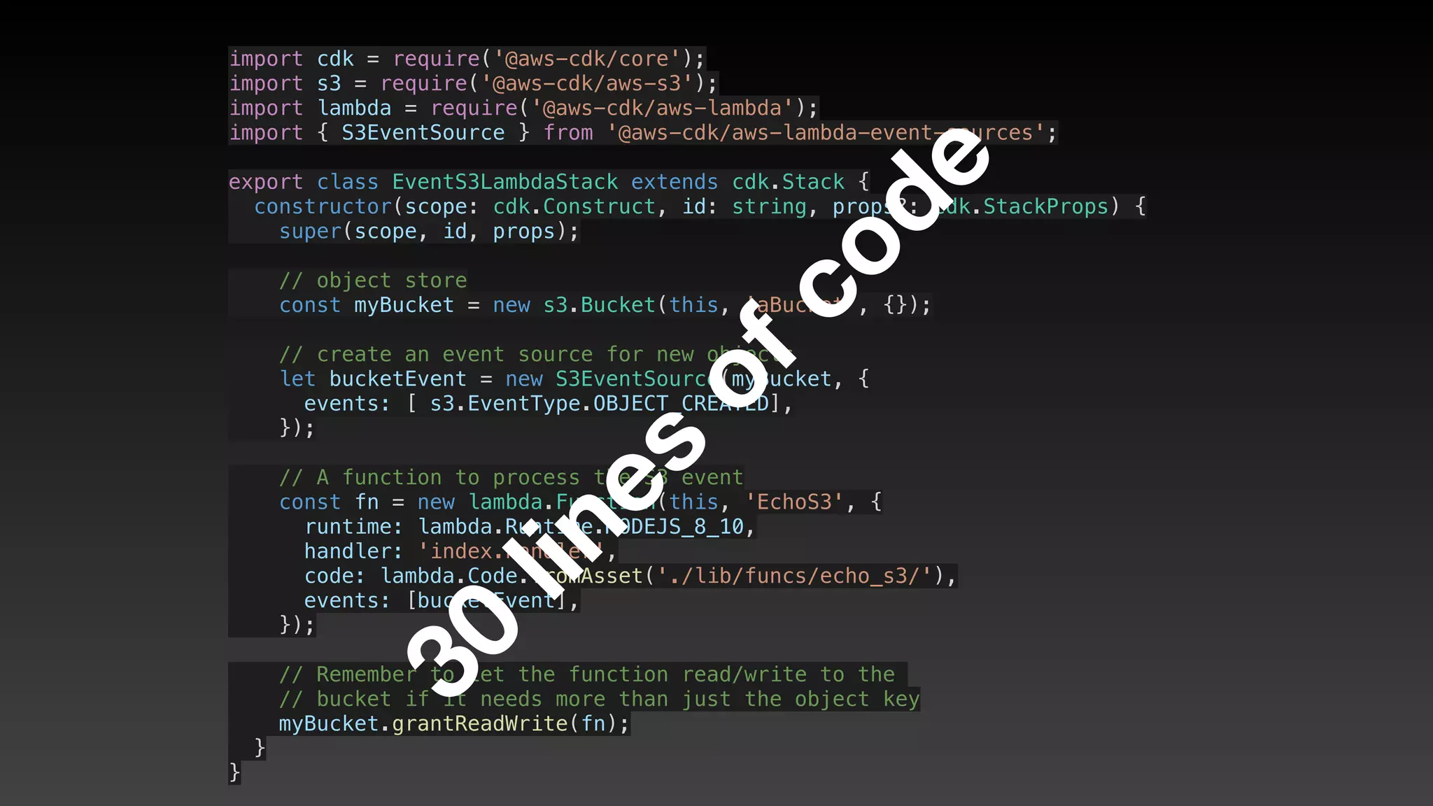 import cdk = require('@aws-cdk/core');
import s3 = require('@aws-cdk/aws-s3');
import lambda = require('@aws-cdk/aws-lambda');
import { S3EventSource } from '@aws-cdk/aws-lambda-event-sources';
export class EventS3LambdaStack extends cdk.Stack {
  constructor(scope: cdk.Construct, id: string, props?: cdk.StackProps) {
    super(scope, id, props);
    // object store
    const myBucket = new s3.Bucket(this, 'aBucket', {});
    // create an event source for new objects
    let bucketEvent = new S3EventSource(myBucket, {
      events: [ s3.EventType.OBJECT_CREATED],
    });
    // A function to process the S3 event
    const fn = new lambda.Function(this, 'EchoS3', {
      runtime: lambda.Runtime.NODEJS_8_10,
      handler: 'index.handler',
      code: lambda.Code.fromAsset('./lib/funcs/echo_s3/'),
      events: [bucketEvent],
    });
    // Remember to let the function read/write to the 
    // bucket if it needs more than just the object key
    myBucket.grantReadWrite(fn);
  }
}
30
lines
ofcode
 