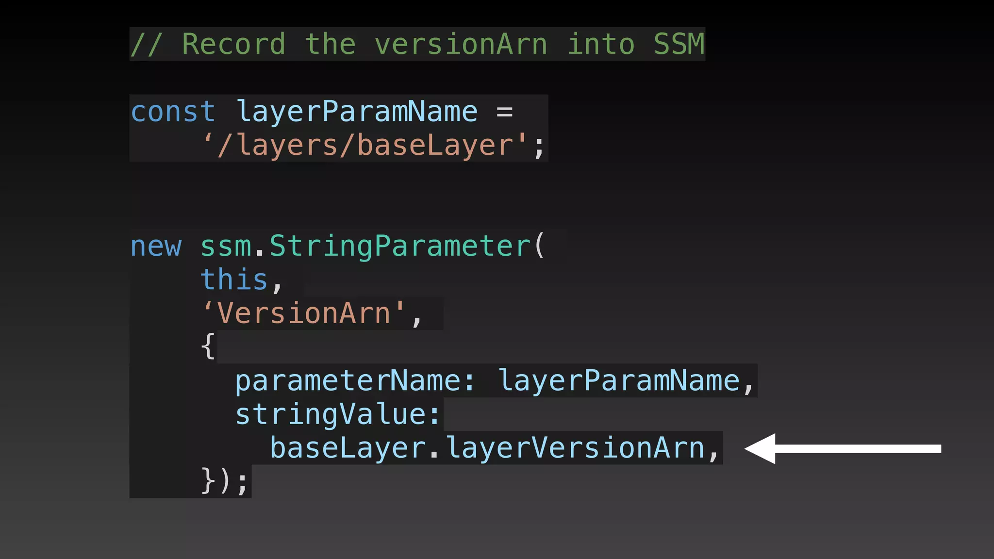 // Record the versionArn into SSM
const layerParamName = 
‘/layers/baseLayer';
new ssm.StringParameter(
this,
‘VersionArn',
{
      parameterName: layerParamName,
      stringValue: 
baseLayer.layerVersionArn,
    });
 