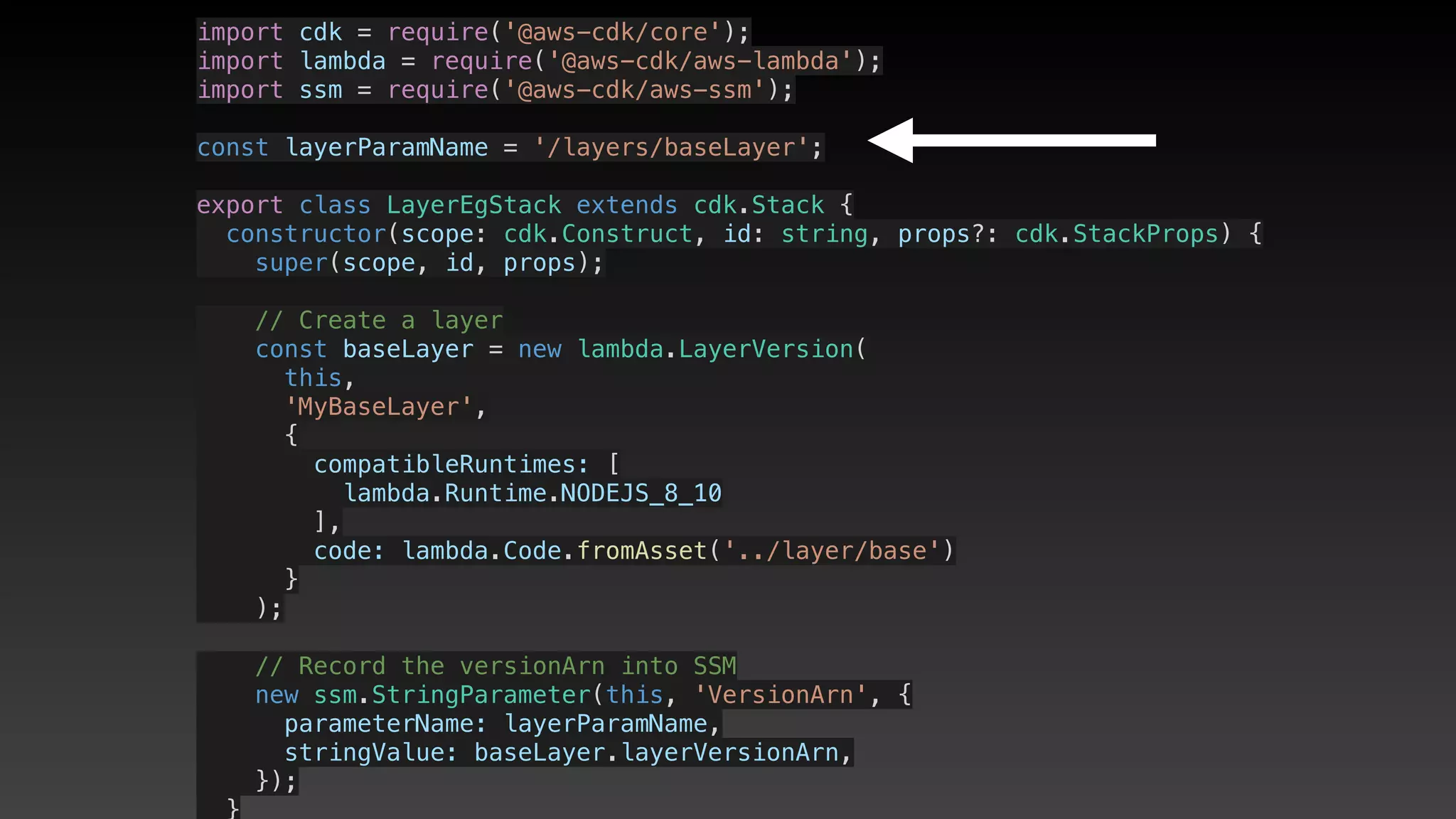 import cdk = require('@aws-cdk/core');
import lambda = require('@aws-cdk/aws-lambda');
import ssm = require('@aws-cdk/aws-ssm');
const layerParamName = '/layers/baseLayer';
export class LayerEgStack extends cdk.Stack {
  constructor(scope: cdk.Construct, id: string, props?: cdk.StackProps) {
    super(scope, id, props);
    // Create a layer
    const baseLayer = new lambda.LayerVersion(
      this,
      'MyBaseLayer',
      {
        compatibleRuntimes: [
          lambda.Runtime.NODEJS_8_10
        ],
        code: lambda.Code.fromAsset('../layer/base')
      }
    );
    // Record the versionArn into SSM
    new ssm.StringParameter(this, 'VersionArn', {
      parameterName: layerParamName,
      stringValue: baseLayer.layerVersionArn,
    });
  }
 