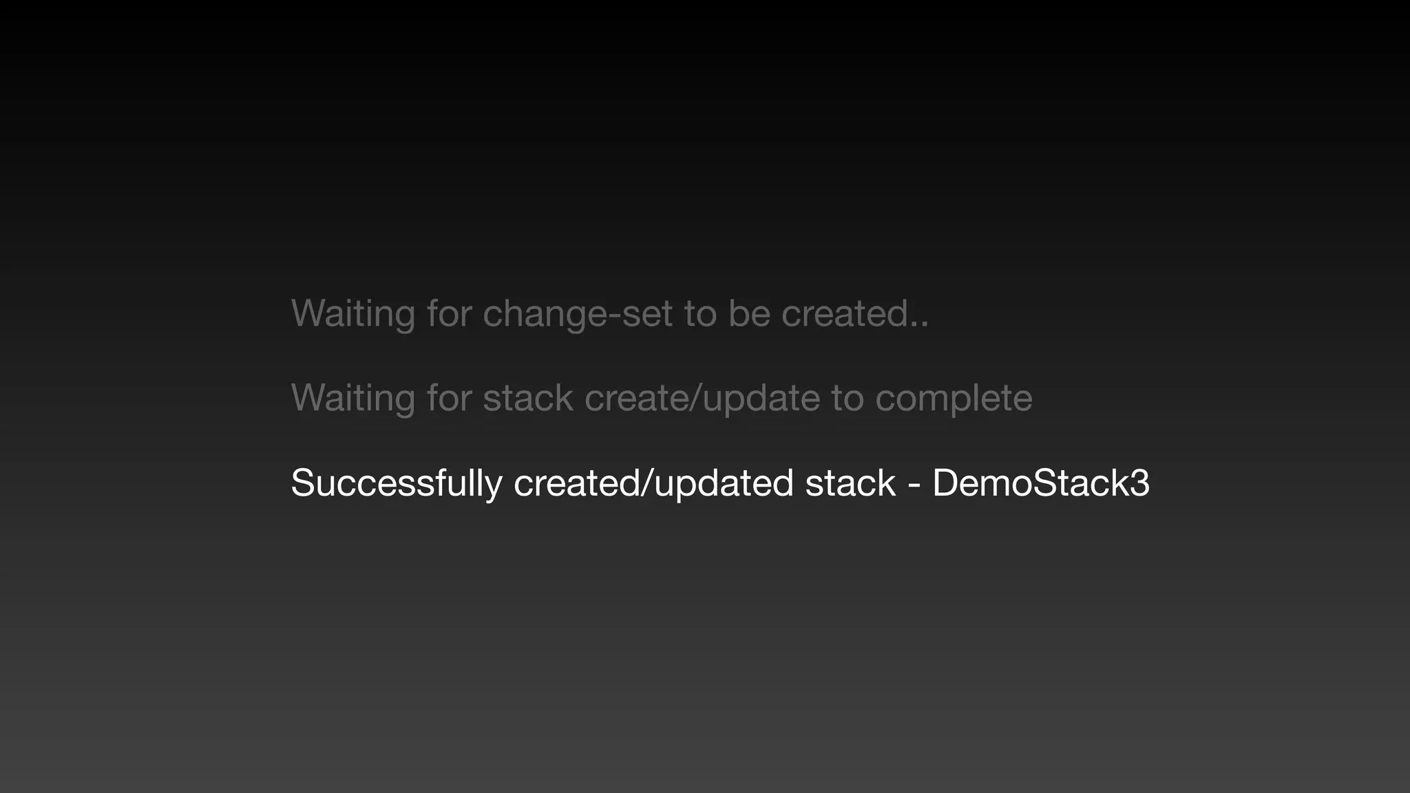 Waiting for change-set to be created..
Waiting for stack create/update to complete
Successfully created/updated stack - DemoStack3
 