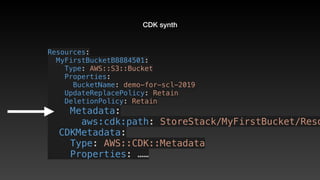 CDK synth
Resources:
  MyFirstBucketB8884501:
    Type: AWS::S3::Bucket
    Properties:
      BucketName: demo-for-scl-2019
    UpdateReplacePolicy: Retain
    DeletionPolicy: Retain
    Metadata:
      aws:cdk:path: StoreStack/MyFirstBucket/Reso
  CDKMetadata:
    Type: AWS::CDK::Metadata
    Properties: ……
 