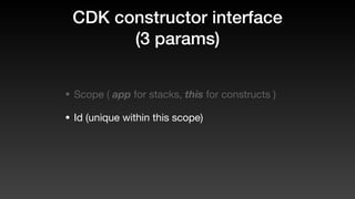 CDK constructor interface
(3 params)
• Scope ( app for stacks, this for constructs )
• Id (unique within this scope)
 