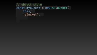 // object store
const myBucket = new s3.Bucket(
this, 
'aBucket', 
 