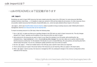 33
cdk importとは？
https://github.com/aws/aws-cdk/tree/main/packages/aws-cdk
・cdkのREADMEには下記記載があります
 