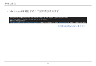 48
やってみた
・cdk importを実行すると下記が表示されます
※cdk deployしないように！
 