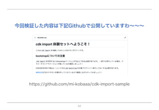 今回検証した内容は下記Githubで公開していますわ∼∼∼
https://github.com/mi-kobaaa/cdk-import-sample
62
 