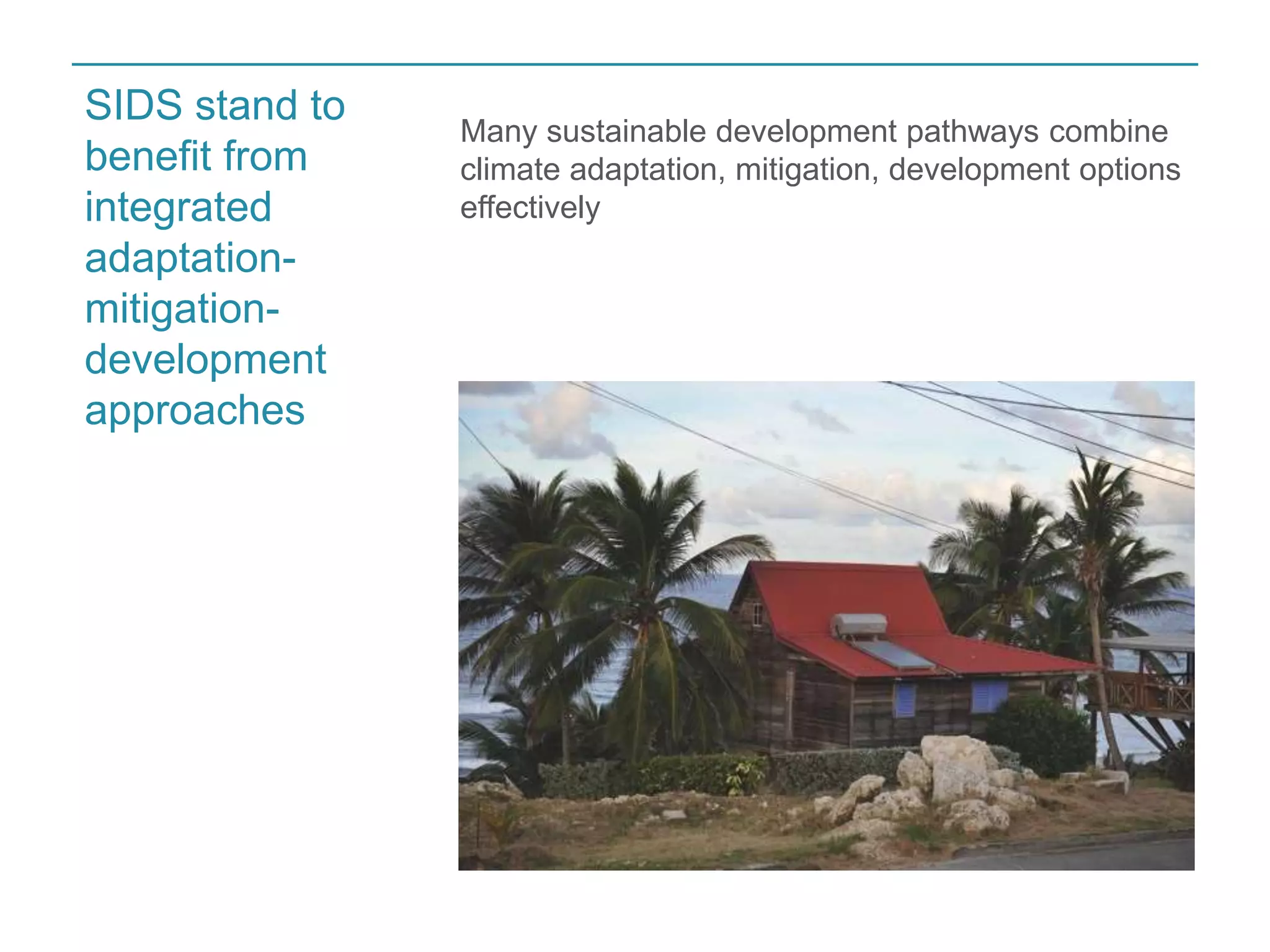Many sustainable development pathways combine 
climate adaptation, mitigation, development options 
effectively 
SIDS stand to 
benefit from 
integrated 
adaptation-mitigation-development 
approaches 
 