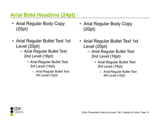 • Arial Regular Body Copy 
(20pt) 
• Arial Regular Bullet Text 1st 
Level (20pt) 
– Arial Regular Bullet Text 
2nd Level (16pt) 
• Arial Regular Bullet Text 
3rd Level (14pt) 
– Arial Regular Bullet Text 
4th Level (12pt) 
• Arial Regular Body Copy 
(20pt) 
• Arial Regular Bullet Text 1st 
Level (20pt) 
– Arial Regular Bullet Text 
2nd Level (16pt) 
• Arial Regular Bullet Text 
3rd Level (14pt) 
– Arial Regular Bullet Text 
4th Level (12pt) 
Enter Presentation Name via Insert Tab > Header & Footer Page 14 
Arial Bold Headline (24pt) 
 