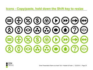 Icons - Copy/paste, hold down the Shift key to resize 
Q A 
Q A 
Enter Presentation Name via Insert Tab > Header & Footer | 12/2/2014 | Page 25 
 