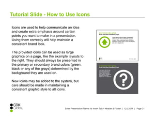 Tutorial Slide - How to Use Icons 
Icons are used to help communicate an idea 
and create extra emphasis around certain 
points you want to make in a presentation. 
Using them correctly will help maintain a 
consistent brand look. 
The provided icons can be used as large 
graphics on a page, like the example layouts to 
the right. They should always be presented in 
the primary or secondary brand colors (green, 
black or any of the grays) determined by the 
background they are used on. 
New icons may be added to the system, but 
care should be made in maintaining a 
consistent graphic style to all icons. 
Enter Presentation Name via Insert Tab > Header & Footer | 12/2/2014 | Page 31 
 