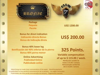 US$ 1200.00
US$ 200.00
325 Points.
Package
Paquete
Pacote
Bonus for direct indication
Indicación directa Bonus
Bonus de indicação direta
Bonus 40% lower leg
Bonificación del 40% inferior de la pierna
Bonus 40% perna menor
Online Advertising
Publicidad Online
Publicidade online
Variable compensation
of up to $ 115.00 / week.
Retribución variable de
hasta $ 115.00 / semana.
Remuneração variável de
até $ 115,00 / semana.
Advertising not made loses remuneration of the week. - Monthly payments
La publicidad no hizo pierde la remuneración de la semana. - Los pagos mensuales
Publicidade não feita perde remuneração da semana. - Pagamentos mensais
 