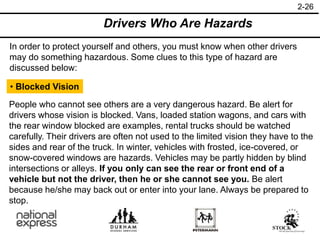 2-26
Drivers Who Are Hazards
In order to protect yourself and others, you must know when other drivers
may do something hazardous. Some clues to this type of hazard are
discussed below:
• Blocked Vision
People who cannot see others are a very dangerous hazard. Be alert for
drivers whose vision is blocked. Vans, loaded station wagons, and cars with
the rear window blocked are examples, rental trucks should be watched
carefully. Their drivers are often not used to the limited vision they have to the
sides and rear of the truck. In winter, vehicles with frosted, ice-covered, or
snow-covered windows are hazards. Vehicles may be partly hidden by blind
intersections or alleys. If you only can see the rear or front end of a
vehicle but not the driver, then he or she cannot see you. Be alert
because he/she may back out or enter into your lane. Always be prepared to
stop.
 