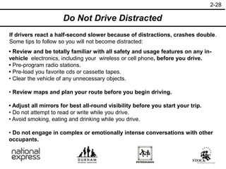 2-28
Do Not Drive Distracted
If drivers react a half-second slower because of distractions, crashes double.
Some tips to follow so you will not become distracted:
• Review and be totally familiar with all safety and usage features on any in-
vehicle electronics, including your wireless or cell phone, before you drive.
• Pre-program radio stations.
• Pre-load you favorite cds or cassette tapes.
• Clear the vehicle of any unnecessary objects.
• Review maps and plan your route before you begin driving.
• Adjust all mirrors for best all-round visibility before you start your trip.
• Do not attempt to read or write while you drive.
• Avoid smoking, eating and drinking while you drive.
• Do not engage in complex or emotionally intense conversations with other
occupants.
 