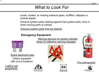 What to Look For
Loose, broken, or missing exhaust pipes, mufflers, tailpipes or
vertical stacks
Exhaust system parts rubbing against fuel system parts, tires or
other moving parts of vehicle
Exhaust system parts that are leaking
Emergency Equipment
Fire extinguisher
Spare electrical fuses
Unless equipped
with circuit breakers
Warning devices for parked vehicles
three (3) reflective warning triangles
2-4
 