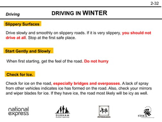 2-32
DRIVING IN WINTER
Driving
Slippery Surfaces
Start Gently and Slowly
Drive slowly and smoothly on slippery roads. If it is very slippery, you should not
drive at all. Stop at the first safe place.
When first starting, get the feel of the road. Do not hurry
Check for Ice.
Check for ice on the road, especially bridges and overpasses. A lack of spray
from other vehicles indicates ice has formed on the road. Also, check your mirrors
and wiper blades for ice. If they have ice, the road most likely will be icy as well.
 