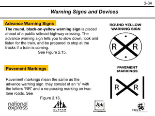 2-34
Warning Signs and Devices
Advance Warning Signs
Pavement Markings
The round, black-on-yellow warning sign is placed
ahead of a public railroad-highway crossing. The
advance warning sign tells you to slow down, look and
listen for the train, and be prepared to stop at the
tracks if a train is coming.
See Figure 2.15.
Pavement markings mean the same as the
advance warning sign. they consist of an “x” with
the letters “RR” and a no-passing marking on two-
lane roads. See
Figure 2.16.
 