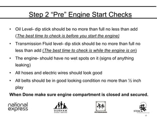 • Oil Level- dip stick should be no more than full no less than add
(The best time to check is before you start the engine)
• Transmission Fluid level- dip stick should be no more than full no
less than add (The best time to check is while the engine is on)
• The engine- should have no wet spots on it (signs of anything
leaking)
• All hoses and electric wires should look good
• All belts should be in good looking condition no more than ½ inch
play
Step 2 “Pre” Engine Start Checks
17
When Done make sure engine compartment is closed and secured.
 