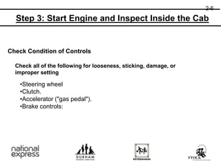 Check Condition of Controls
•Steering wheel
•Clutch.
•Accelerator ("gas pedal").
•Brake controls:
Check all of the following for looseness, sticking, damage, or
improper setting
2-6
Step 3: Start Engine and Inspect Inside the Cab
 