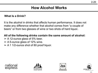 210
It is the alcohol in drinks that affects human performance. It does not
make any difference whether that alcohol comes from “a couple of
beers” or from two glasses of wine or two shots of hard liquor.
All of the following drinks contain the same amount of alcohol:
➢ A 12-ounce glass of 5% beer.
➢ A 5-ounce glass of 12% wine.
➢ A 1 1/2-ounce shot of 80 proof liquor.
What Is a Drink?
How Alcohol Works
2-20
 