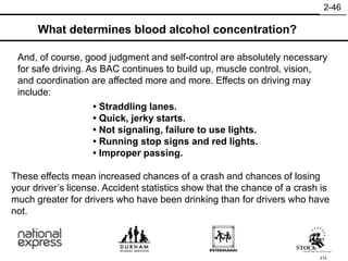 212
These effects mean increased chances of a crash and chances of losing
your driver’s license. Accident statistics show that the chance of a crash is
much greater for drivers who have been drinking than for drivers who have
not.
• Straddling lanes.
• Quick, jerky starts.
• Not signaling, failure to use lights.
• Running stop signs and red lights.
• Improper passing.
What determines blood alcohol concentration?
2-46
And, of course, good judgment and self-control are absolutely necessary
for safe driving. As BAC continues to build up, muscle control, vision,
and coordination are affected more and more. Effects on driving may
include:
 
