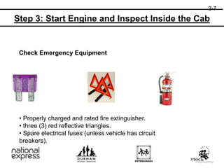 Check Emergency Equipment
• Properly charged and rated fire extinguisher.
• three (3) red reflective triangles.
• Spare electrical fuses (unless vehicle has circuit
breakers).
2-7
Step 3: Start Engine and Inspect Inside the Cab
 