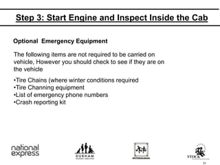 23
Optional Emergency Equipment
The following items are not required to be carried on
vehicle, However you should check to see if they are on
the vehicle
•Tire Chains (where winter conditions required
•Tire Channing equipment
•List of emergency phone numbers
•Crash reporting kit
Step 3: Start Engine and Inspect Inside the Cab
 