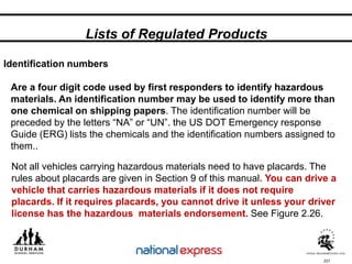 231
Not all vehicles carrying hazardous materials need to have placards. The
rules about placards are given in Section 9 of this manual. You can drive a
vehicle that carries hazardous materials if it does not require
placards. If it requires placards, you cannot drive it unless your driver
license has the hazardous materials endorsement. See Figure 2.26.
Are a four digit code used by first responders to identify hazardous
materials. An identification number may be used to identify more than
one chemical on shipping papers. The identification number will be
preceded by the letters “NA” or “UN”. the US DOT Emergency response
Guide (ERG) lists the chemicals and the identification numbers assigned to
them..
Identification numbers
Lists of Regulated Products
 