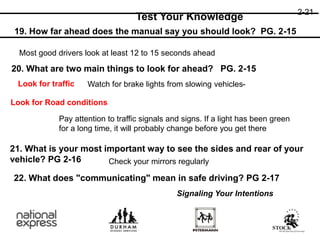 2-21
Test Your Knowledge
19. How far ahead does the manual say you should look? PG. 2-15
20. What are two main things to look for ahead? PG. 2-15
21. What is your most important way to see the sides and rear of your
vehicle? PG 2-16
22. What does "communicating" mean in safe driving? PG 2-17
Most good drivers look at least 12 to 15 seconds ahead
Look for traffic Watch for brake lights from slowing vehicles-
Look for Road conditions
Pay attention to traffic signals and signs. If a light has been green
for a long time, it will probably change before you get there
Check your mirrors regularly
Signaling Your Intentions
 
