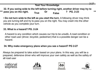 2-27
32. If you swing wide to the left before turning right, another driver may try to
pass you on the right. Or ? PG. 2-23
33. What is a hazard? PG. 2-24
34. Why make emergency plans when you see a hazard? PG 2-27
Test Your Knowledge
False
True
• Do not turn wide to the left as you start the turn. A following driver may think
you are turning left and try to pass you on the right. You may crash into the other
vehicle as you complete your turn.
A hazard is any condition which causes our trip to be unsafe. A road condition or
other road user (driver, bicyclist, pedestrian) that is a possible danger can be a
hazard.
Always be prepared to take action based on your plans. In this way, you will be a
prepared, defensive driver who will improve your own safety as well as the safety of
all road user
 
