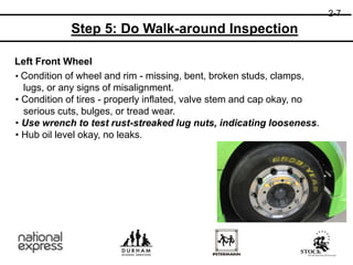 Left Front Wheel
• Condition of wheel and rim - missing, bent, broken studs, clamps,
lugs, or any signs of misalignment.
• Condition of tires - properly inflated, valve stem and cap okay, no
serious cuts, bulges, or tread wear.
• Use wrench to test rust-streaked lug nuts, indicating looseness.
• Hub oil level okay, no leaks.
2-7
Step 5: Do Walk-around Inspection
 